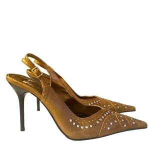 Carlos Santana Pointed Toe Stiletto Sling Back Gold Bling Embellished Heel